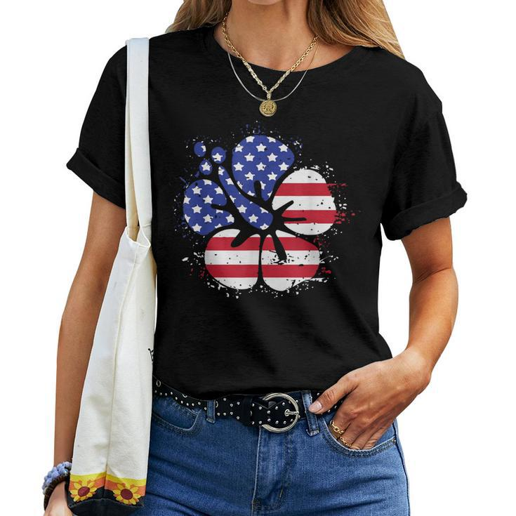 Patriotic Hawaii Hibiscus Flower Grunge Style American Flag Women T-shirt