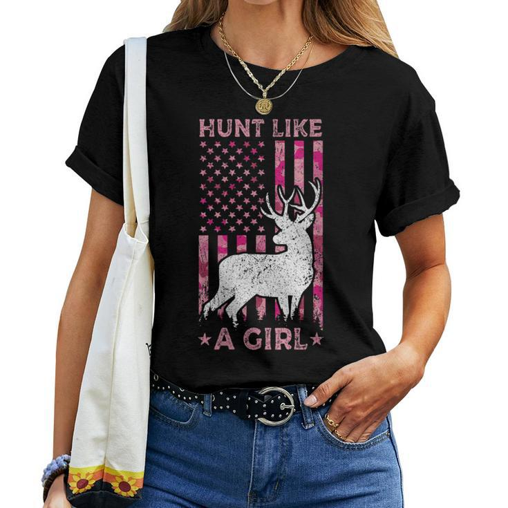 Pink Camo Usa Flag Patriotic Deer Hunting Hunt Like A Girl Women T-shirt