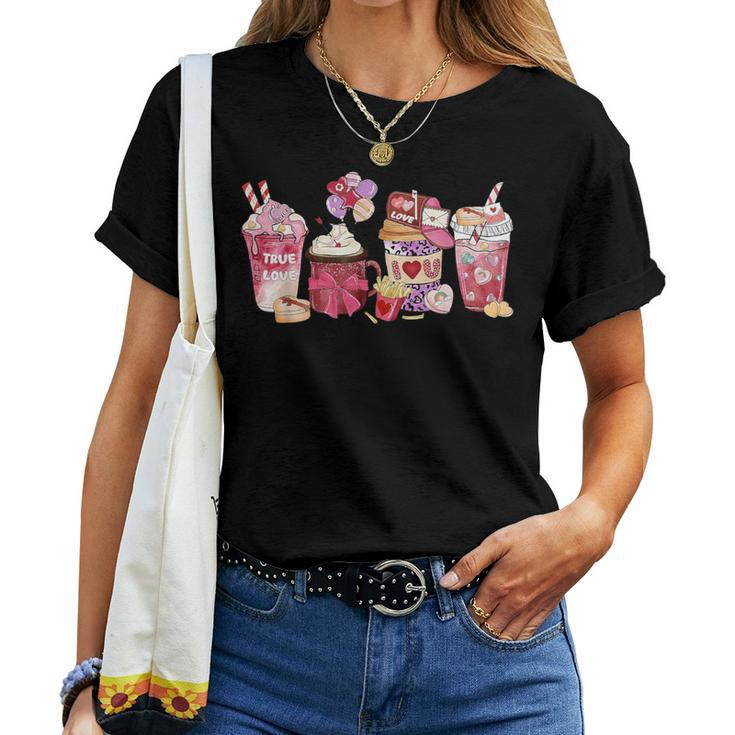 Pink Valentine Latte Iced Coffee Candy Heart Girls Women T-shirt