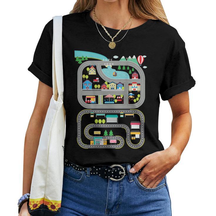 Play Cars On Dad's Back Mat Road Car Race Track Dad Mom Women T-shirt