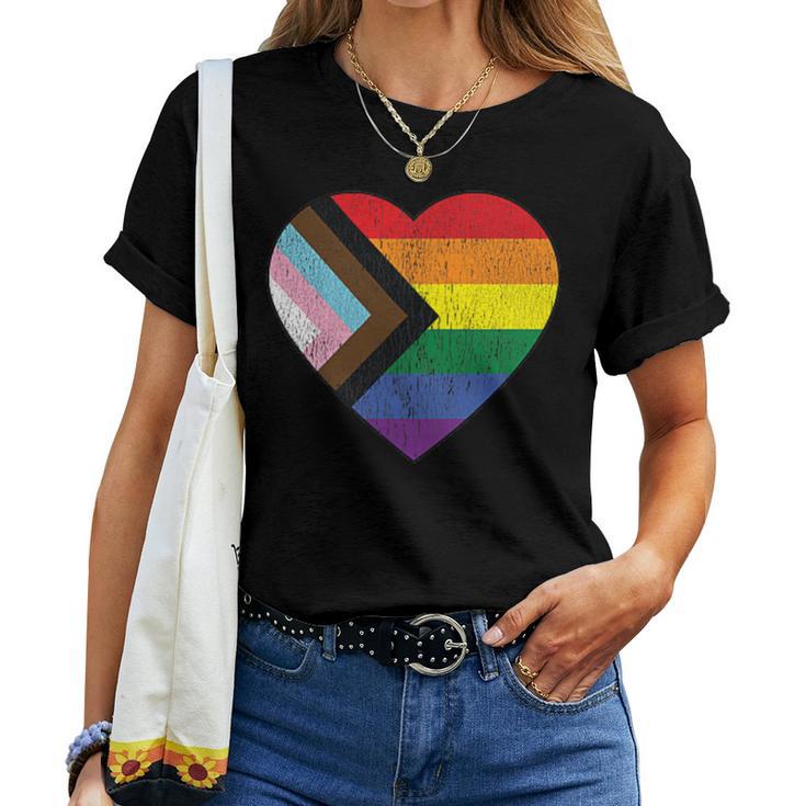 Progress Pride Flag Vintage Rainbow Heart Love Lgbt Pocket Women T-shirt