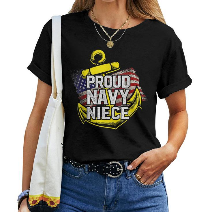 Proud Navy Niece American Flag Anchor Gold Pride Girl Gif Women T-shirt