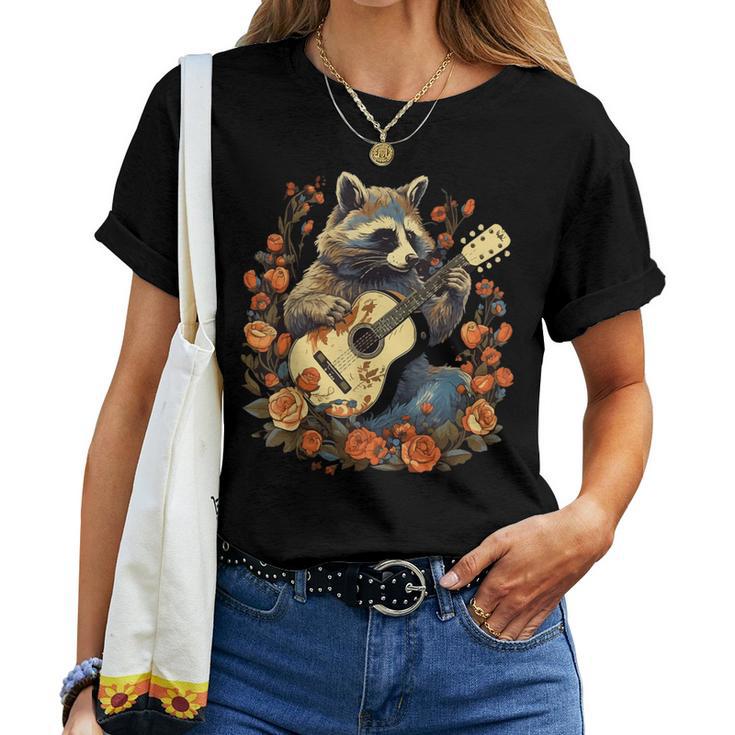 Raccoon Playing Guitar Cottagecore Floral Racoon Animal Women T-shirt