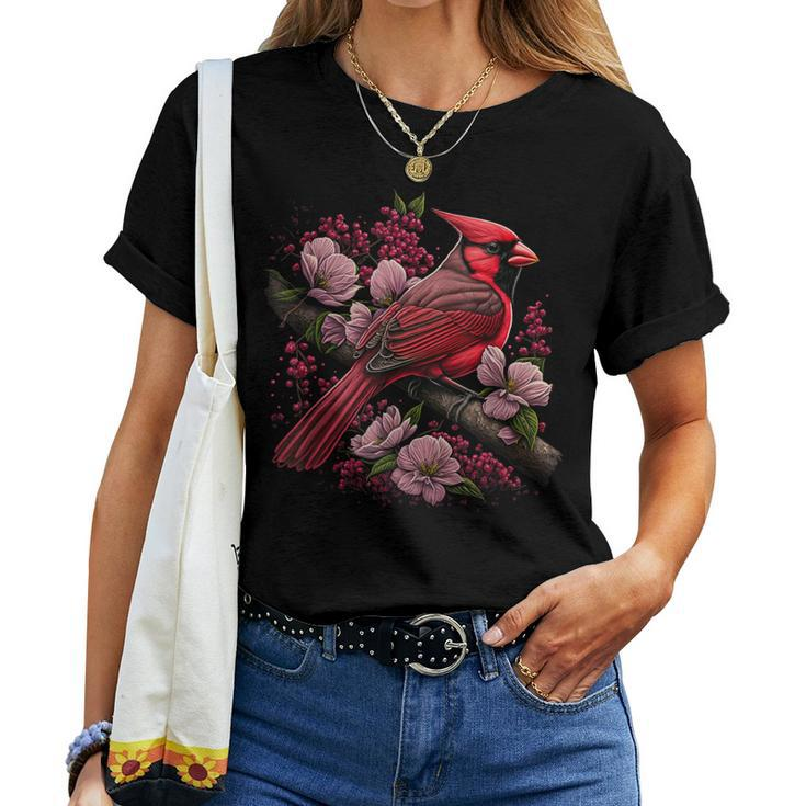 Red Cardinal Bird And Pink Flowering Dogwood Blossoms Women T-shirt