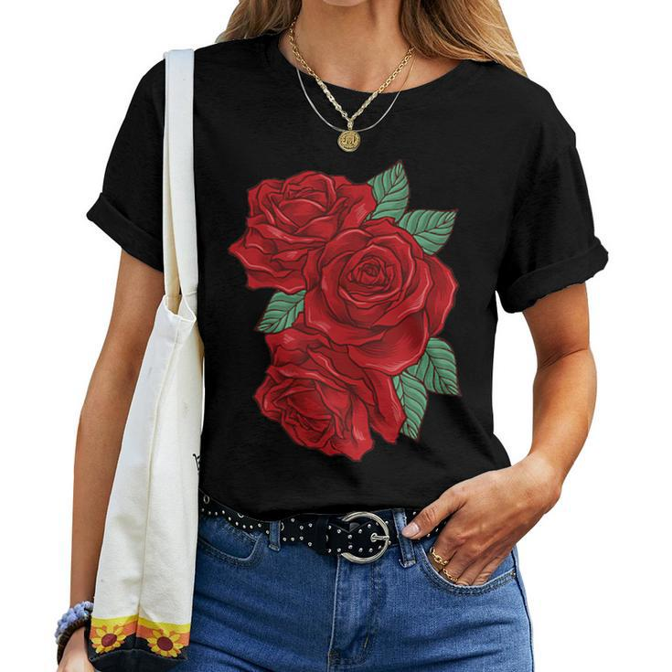 Red Rose Pocket Floral Print Bouquet For & Women Women T-shirt