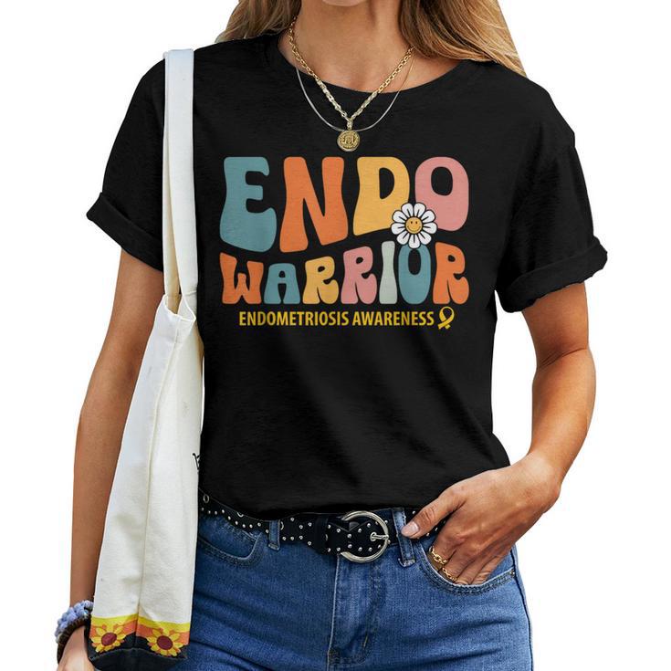 Retro Groovy Endometriosis Endo Warrior Yellow Ribbon Womens Women T-shirt