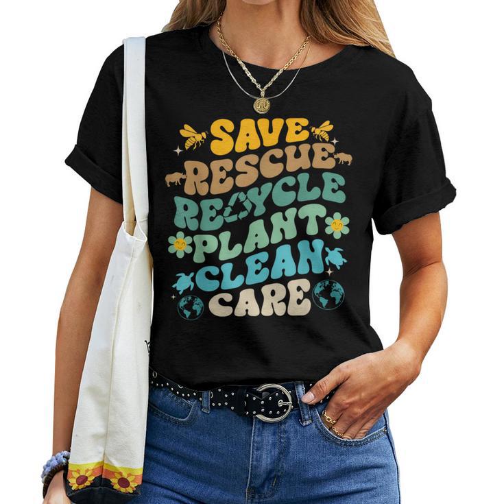 Retro Groovy Save Bees Rescue Animals Recycle Fun Earth Day Women T-shirt