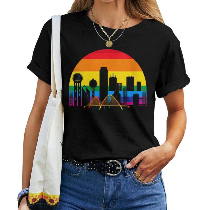 Retro Lgbt Rainbow Dallas Skyline Lesbian Gay Pride Women T-shirt