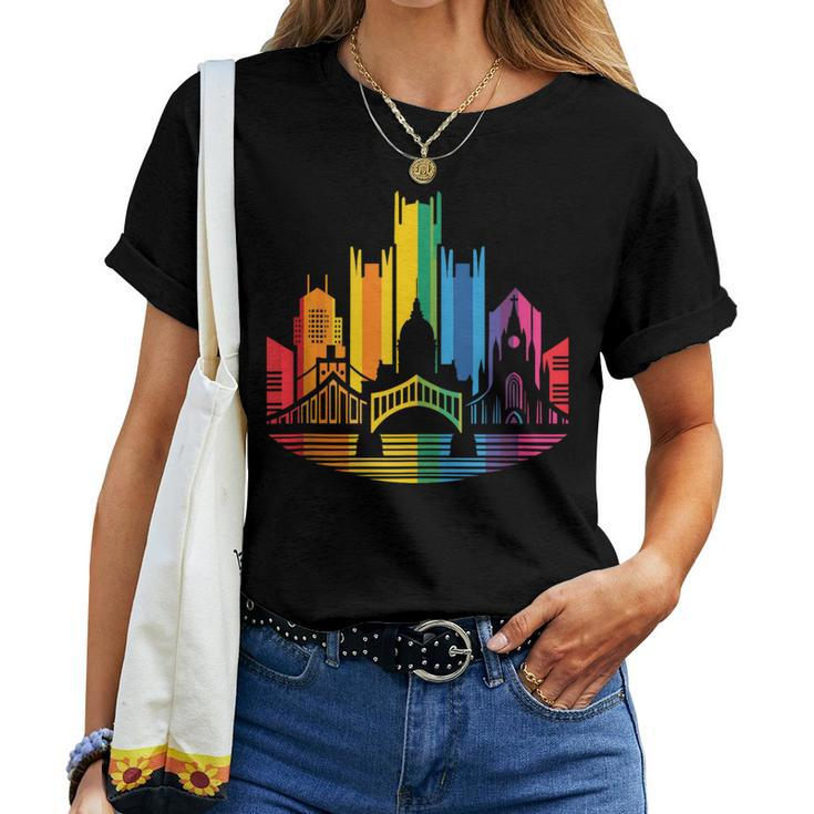 Retro Pittsburgh Skyline Rainbow Lgbt Lesbian Gay Pride Women T-shirt