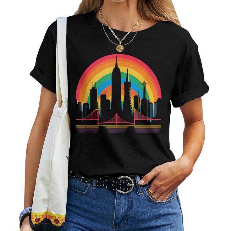 Retro San Francisco Skyline Rainbow Lgbt Lesbian Gay Pride Women T-shirt