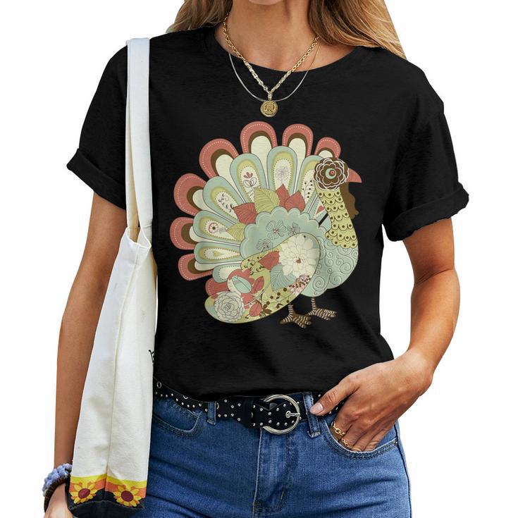 Retro Thanksgiving Turkey Vintage Floral Women T-shirt