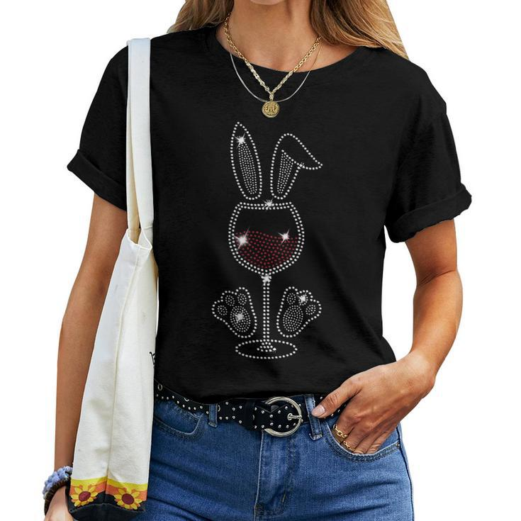 Rhinestone Easter Bunny Ears Wine Glass Bunny Wine Women T-shirt