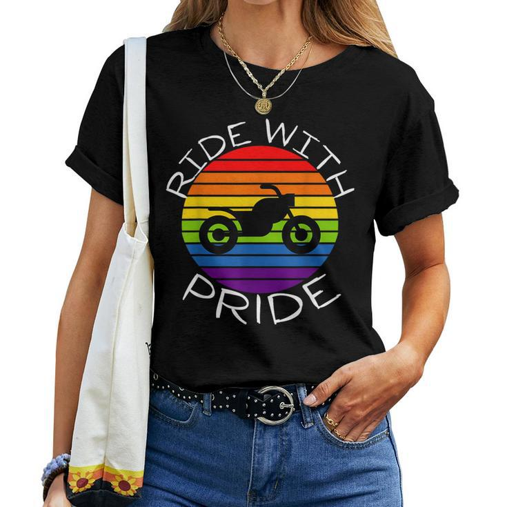 Ride With Pride Gay Bikers Lgbt Month Vintage Retro Rainbow Women T-shirt