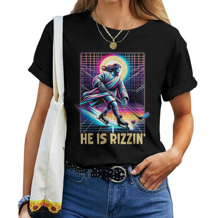 He Is Rizzin Christian Ice Hockey Lover Jesus Meme Religious Women T-shirt