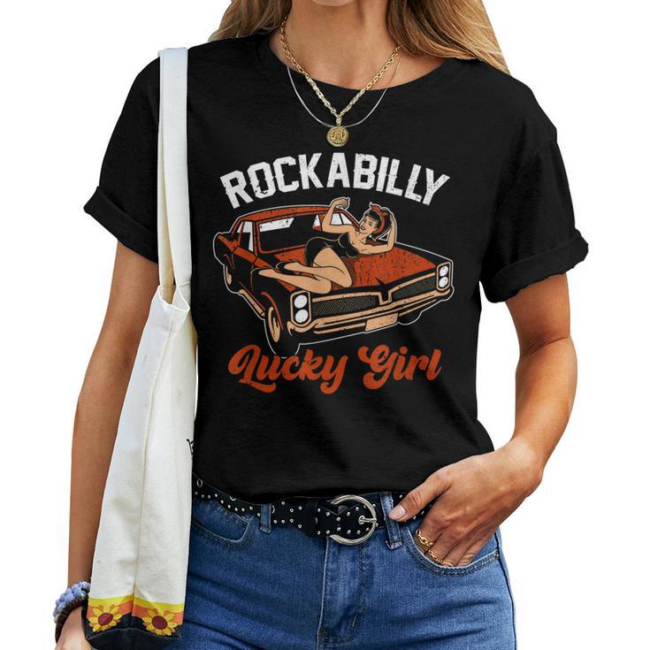 Rockabilly Lucky Girl Classic Old Car Retro Pin Up Girl Women T-shirt