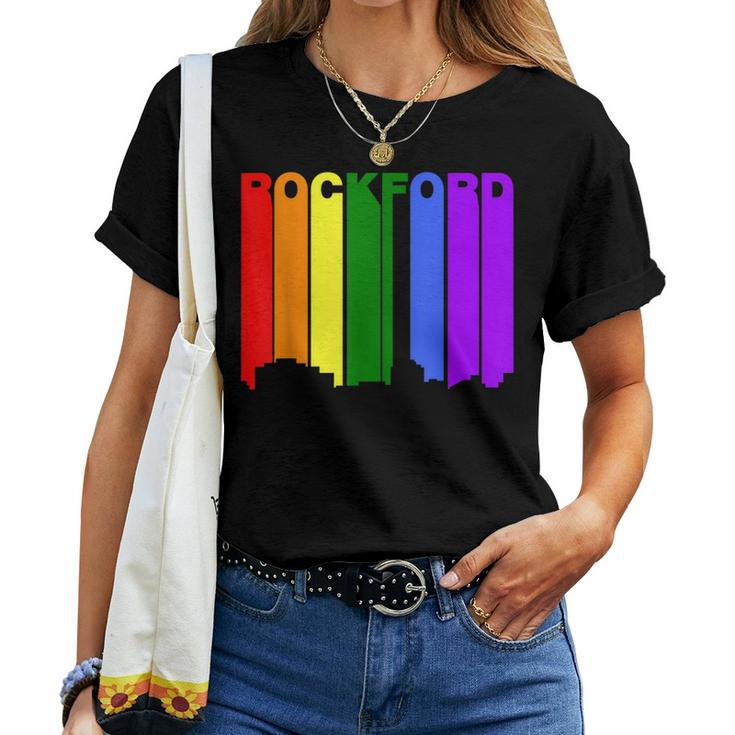 Rockford Illinois Lgbtq Gay Pride Rainbow Skyline Women T-shirt