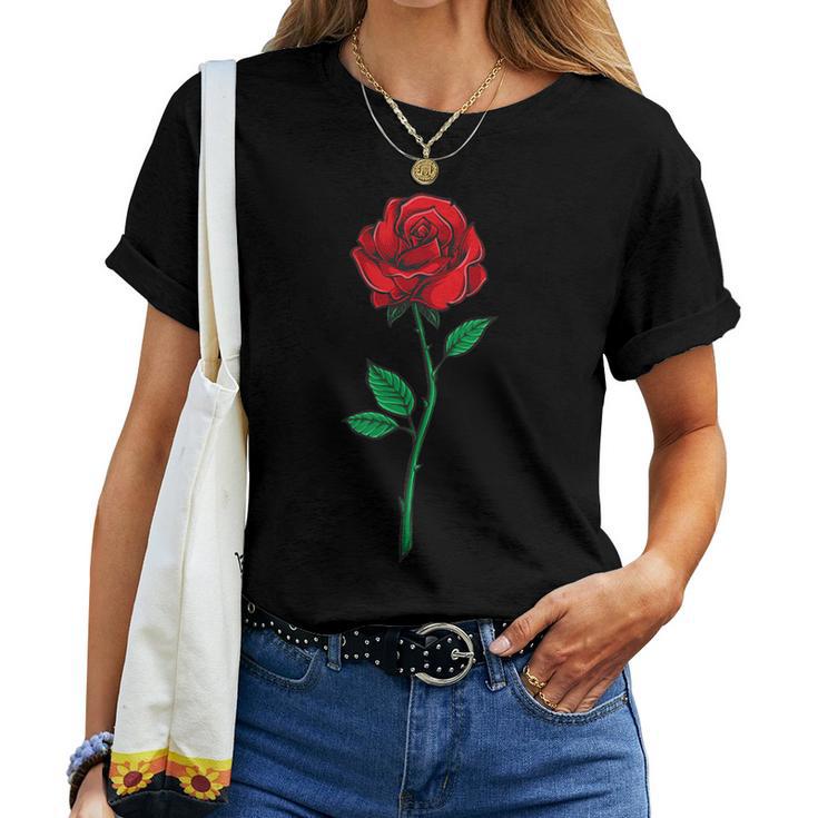 Single Red Rose Pocket Flower Romantic Love Pocket Women T-shirt