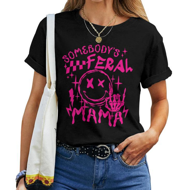 Somebody's Feral Mama Retro Pink Skeleton Hands Mother Women T-shirt