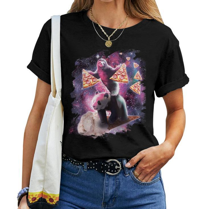 Space Sloth With Pizza On Panda Riding Ice Cream Women T-shirt