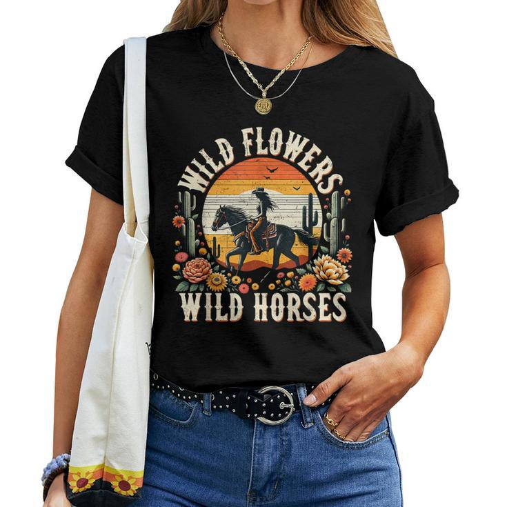 Sunset Cowgirl Riding Horse Wild Flowers Wild Horses Women T-shirt