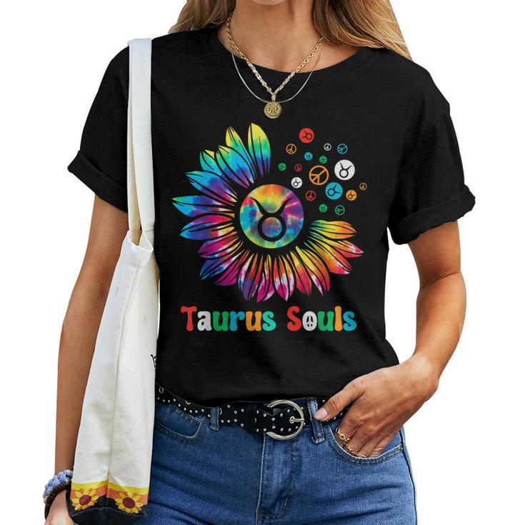 Taurus Souls Zodiac Tie Dye Sunflower Peace Sign Groovy Women T-shirt