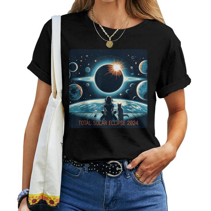 Total Solar Eclipse 2024 Girl Cat Eclipse Women T-shirt