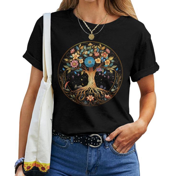 Tree Of Life Circle Flowers Illustration Cottagecore Women T-shirt