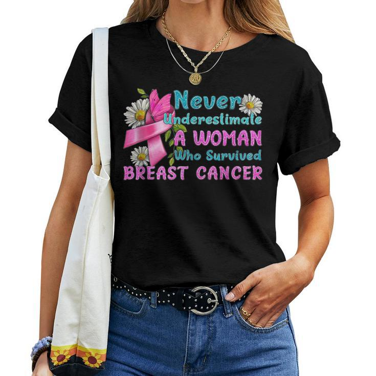 Never Underestimate A Woman Who Survived Breast Cancer Women T-shirt