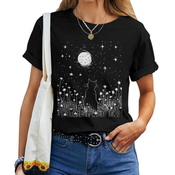 Vintage Cat And Moon Flowers Garden Nature Lover Women Women T-shirt