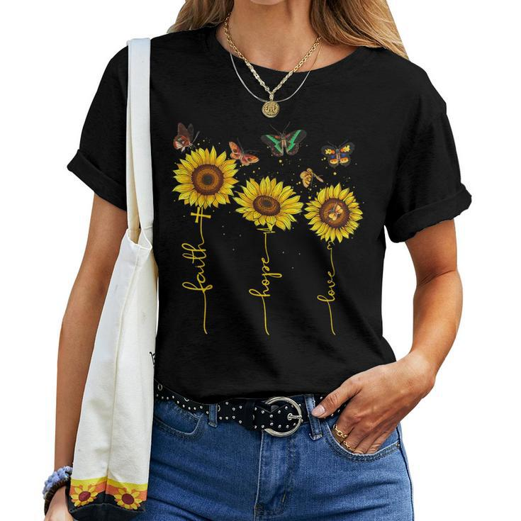 Vintage Faith Cross Hope Love Sunflower Butterfly Christian Women T-shirt