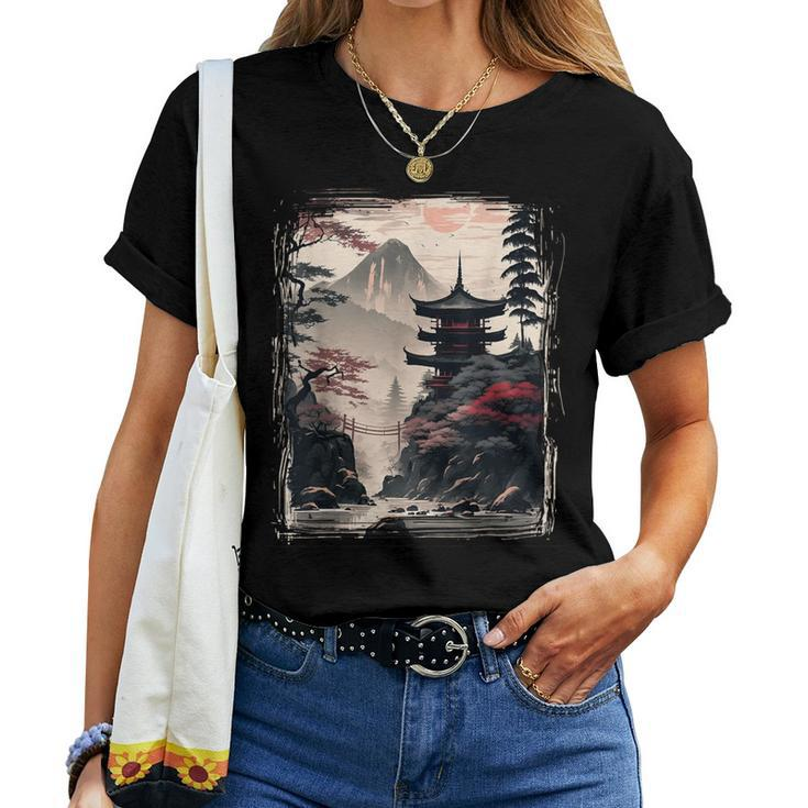 Vintage Japanese Flower Mountain View Landscape Graphic Women T-shirt