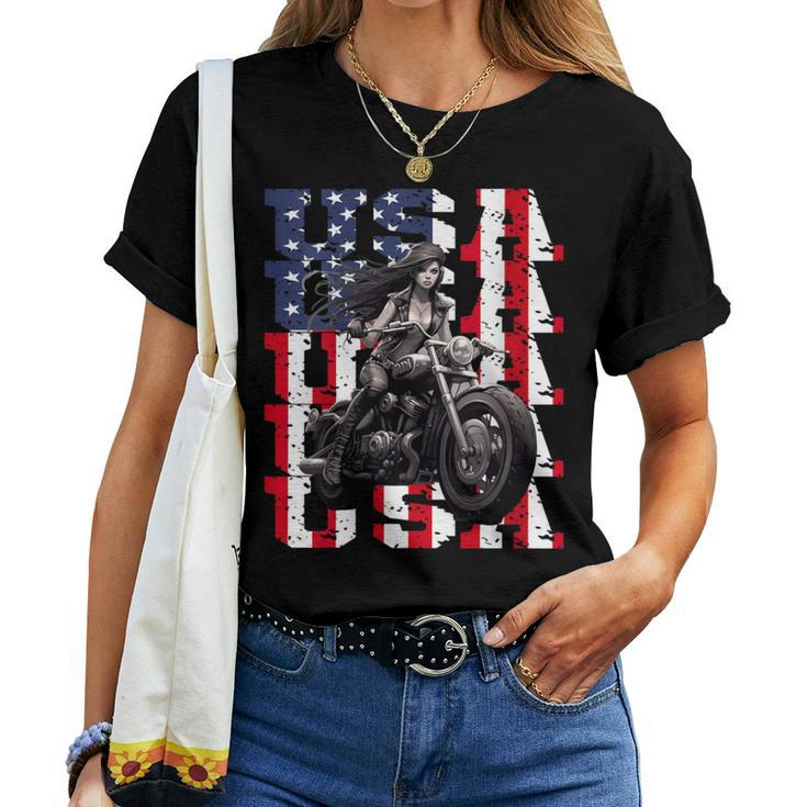 Vintage Motorcycle American Flag Helmet Biker Women T-shirt