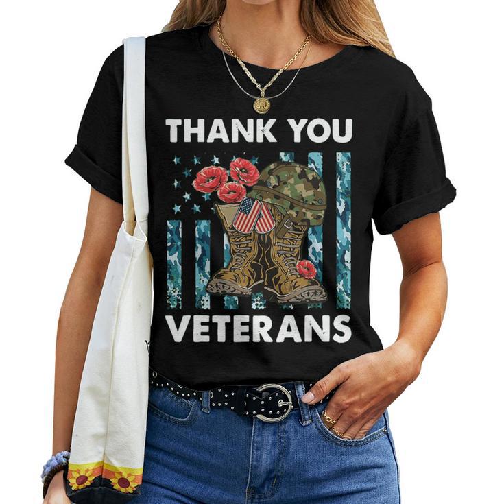 Vintage Thank You Veterans Combat Boots Flower Veteran Day Women T-shirt