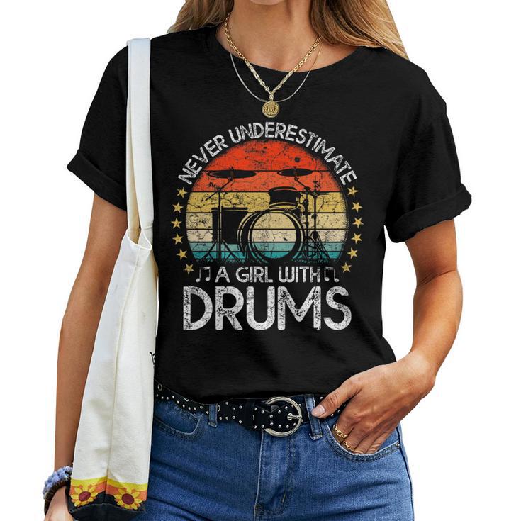 Vintage Never Underestimate A Girl With Drums Drummer Women T-shirt