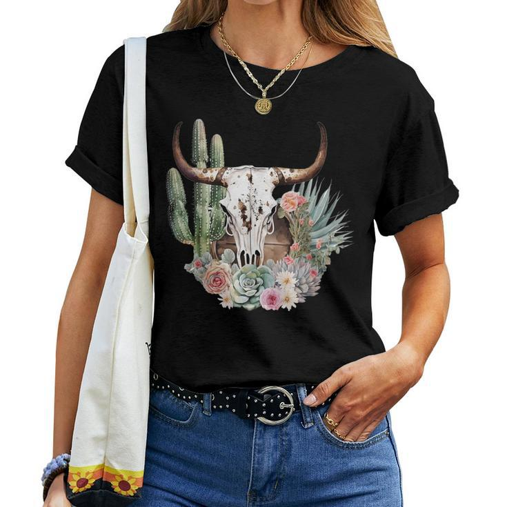Western Boho Chic Longhorn Bull Skull Cactus Beige Pattern Women T-shirt