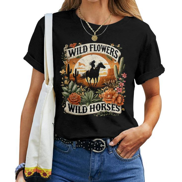 Wild Flowers Wild Horses Southern Cowgirl Riding Horse Women T-shirt