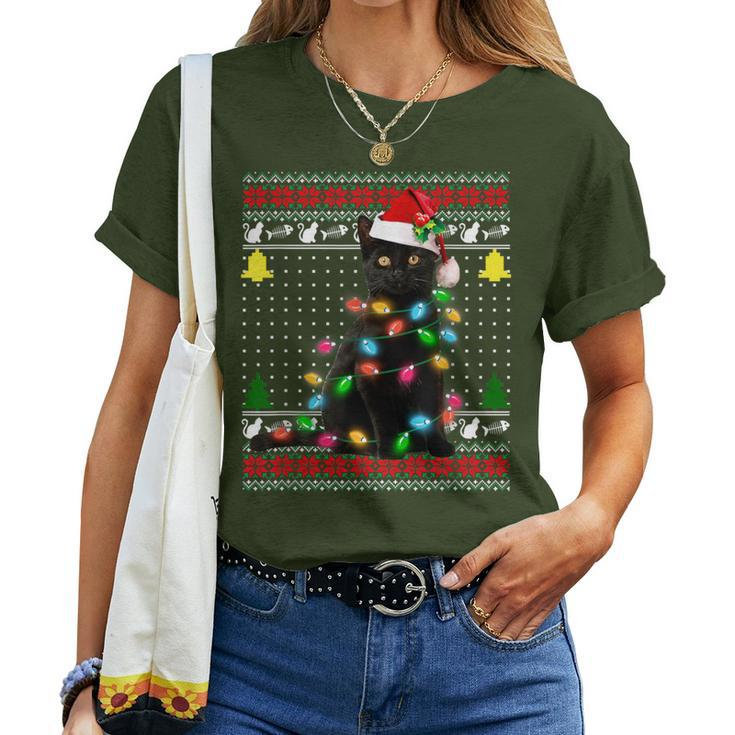 Black Cat Ugly Christmas Sweater Cats Lover Girls Women T-shirt
