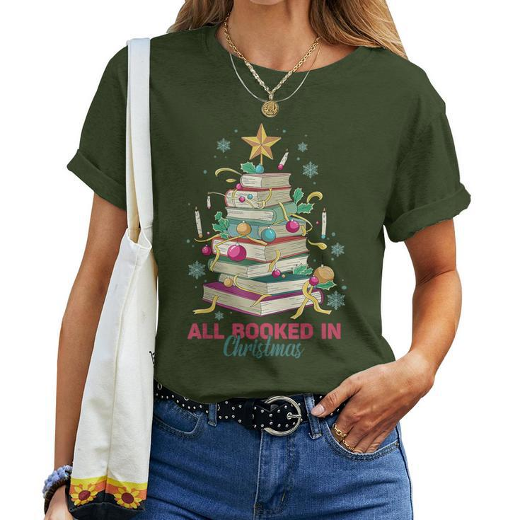 All Booked For Christmas Teachers Christmas Book Tree Women T-shirt