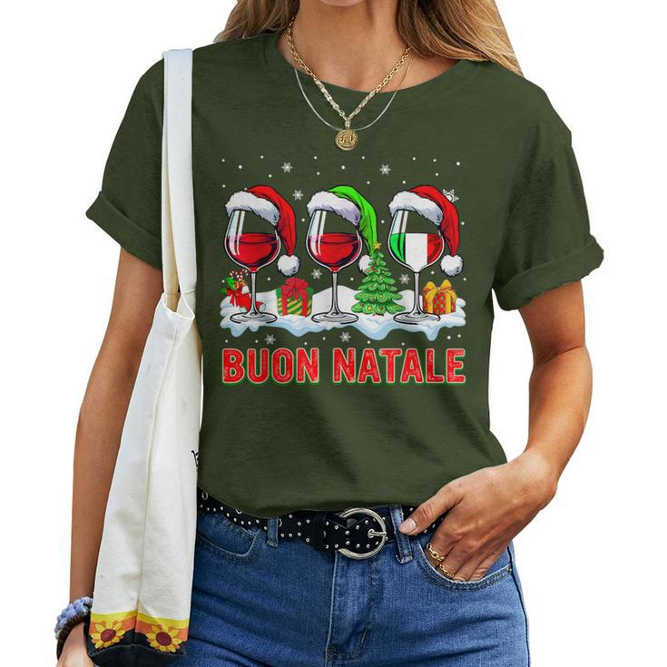 Buon Natale Merry Christmas Italian Three Santa Wine Glasses Women T-shirt