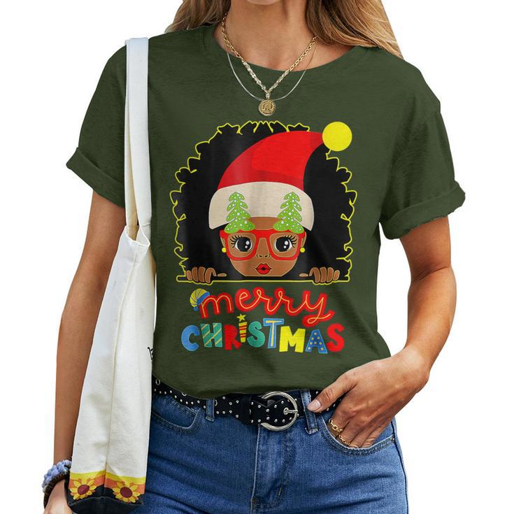 Cute Afro Black Girl Glasses Santa Melanin Merry Christmas Women T-shirt