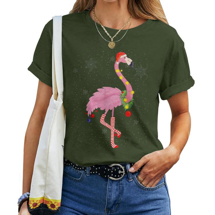 Cute Pink Flamingo With Snow Lights And Santa Hat Christmas Women T-shirt