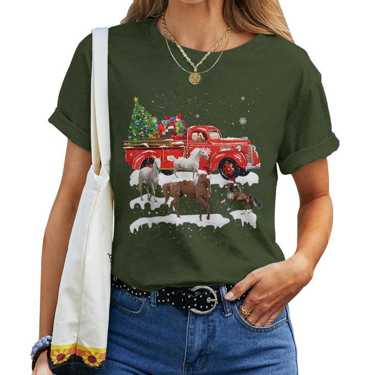 Horse Riding Red Truck Merry Christmas Farmer X-Mas Ugly Women T-shirt