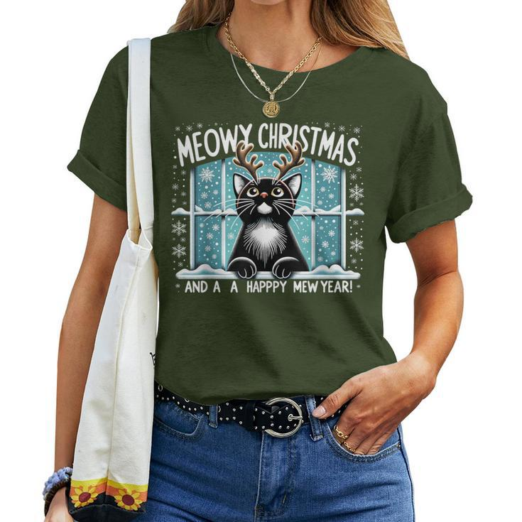 Merry Christmas Cat Cat Mom Meowy Christmas Mew Year Women T-shirt