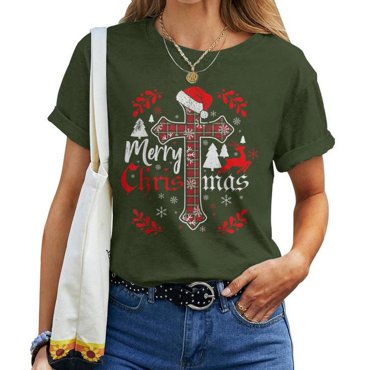 Merry Christmas Christian Cross Buffalo Plaid Pajamas Women T-shirt