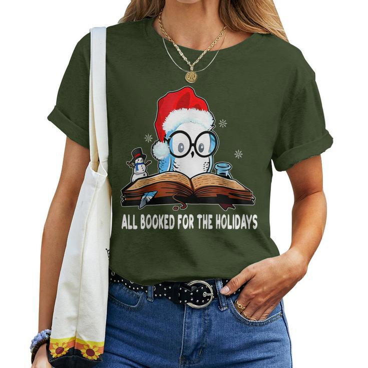 Owl Santa Hat Reading Book All Booked For Holidays Christmas Women T-shirt