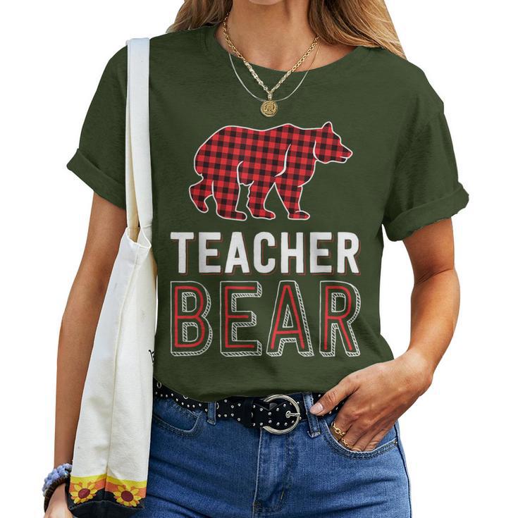 Teacher Bear Red Buffalo Plaid Matching Teacher Christmas Women T-shirt