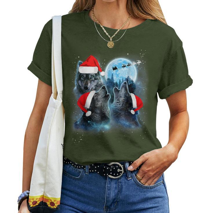 Three Wolves Howling Under Moon Christmas Santa Wolf Lover Women T-shirt