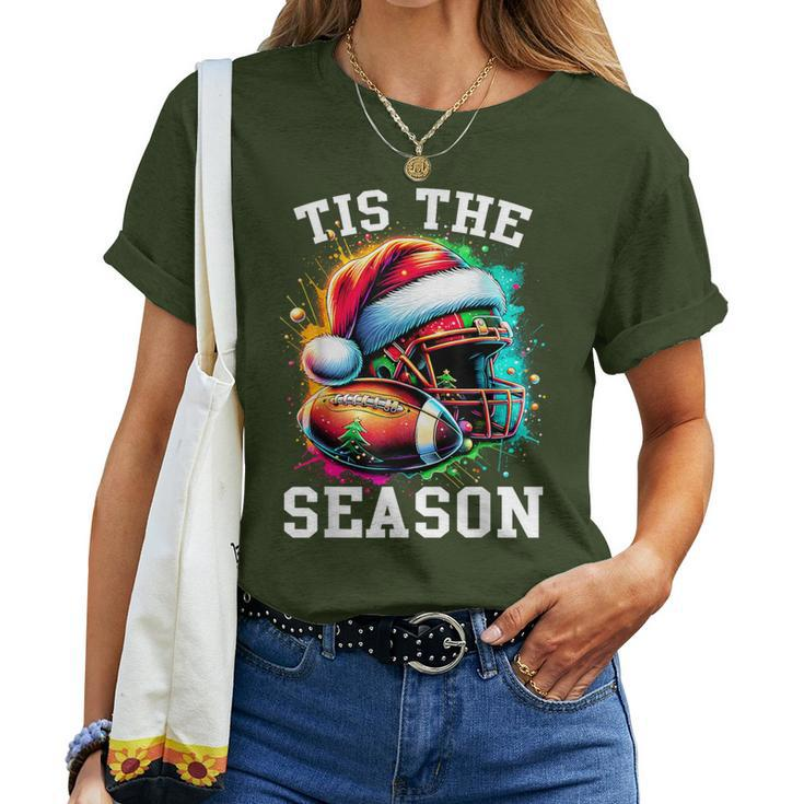 Tis The Season Football Mom Christmas Santa Hat Colorful Women T-shirt