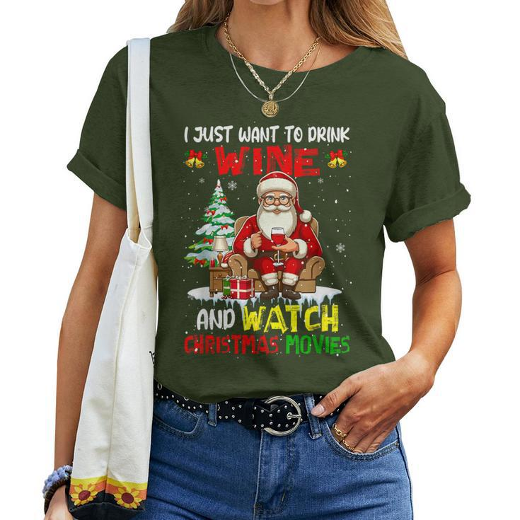 Vintage Drink Wine And Watch Xmas Movies Santa Drinker Women T-shirt