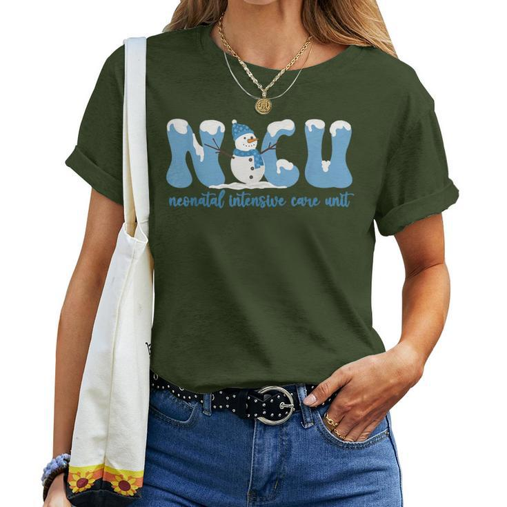 Winter Nicu Nurse Xmas Snowman Neonatal Intensive Care Unit Women T-shirt